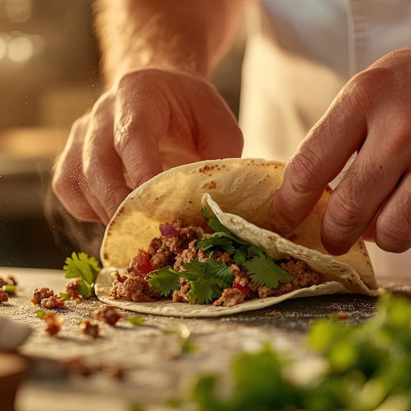 closeup-chefs-hands-assembling-taco-fresh-cilantro-onions-kitchen-counter-bright-light